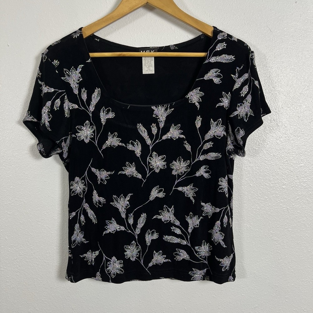 MSK Womens Vintage Y2K‎ Black Silver Glitter Floral Square Neck Top Size L